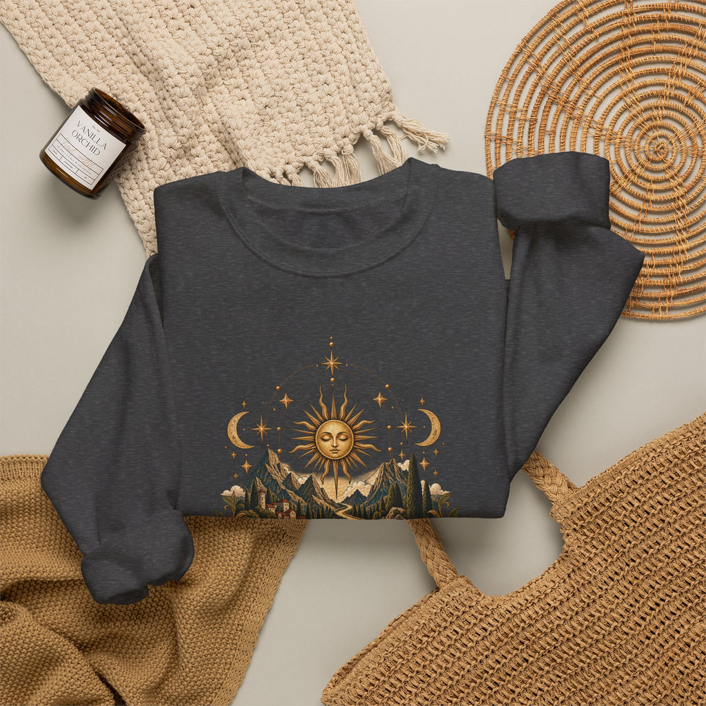 El Camino Crewneck Sweatshirt — Vintage Sun, Mountains & Compass Graphic