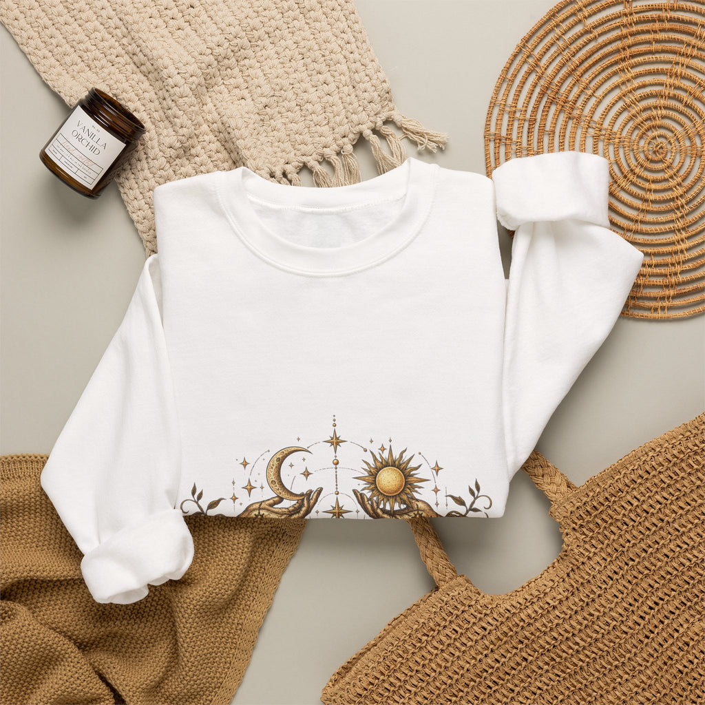 Alchemy Crewneck Sweatshirt — "Solve et Coagula" Sun, Moon & Eye Graphic