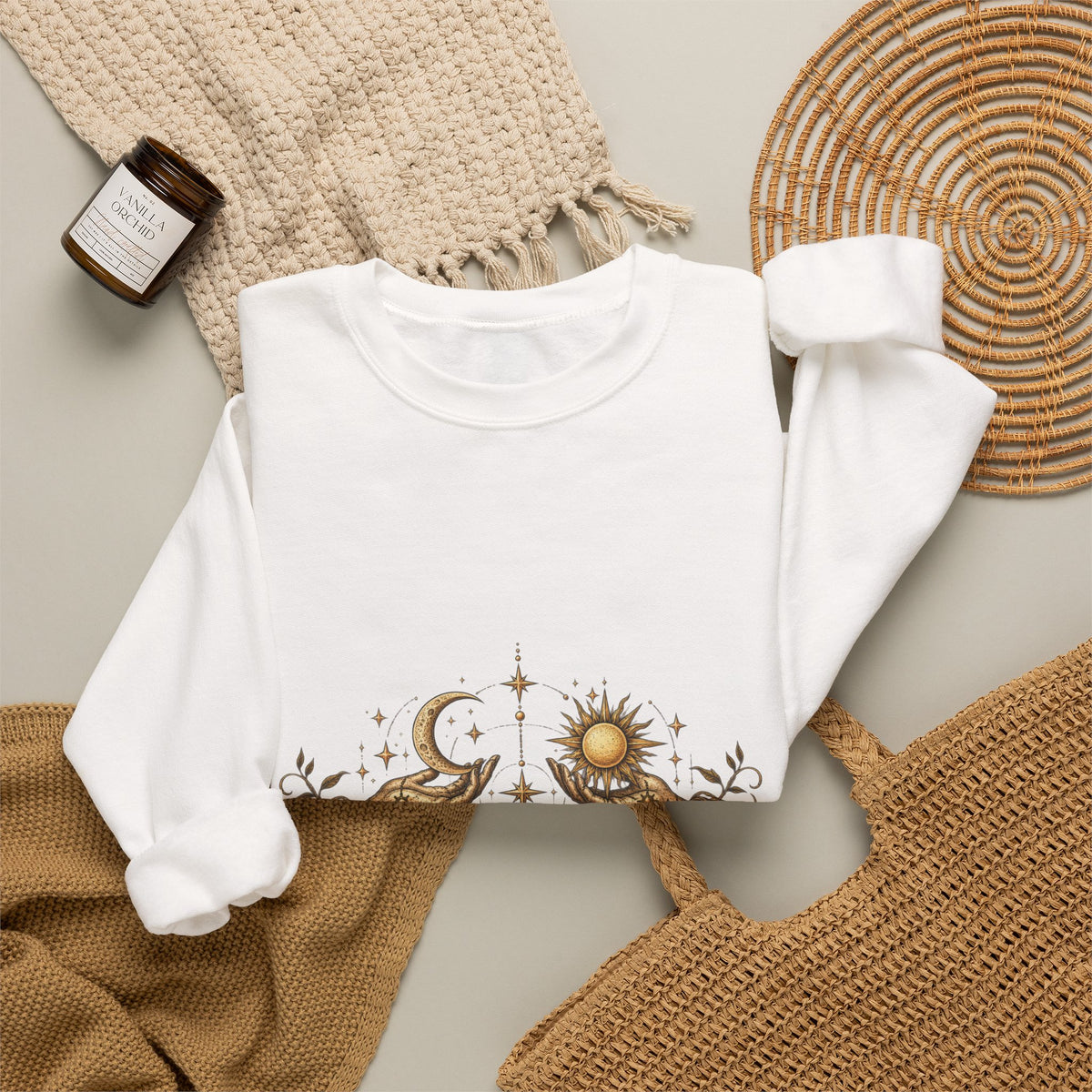 Alchemy Crewneck Sweatshirt — "Solve et Coagula" Sun, Moon & Eye Graphic