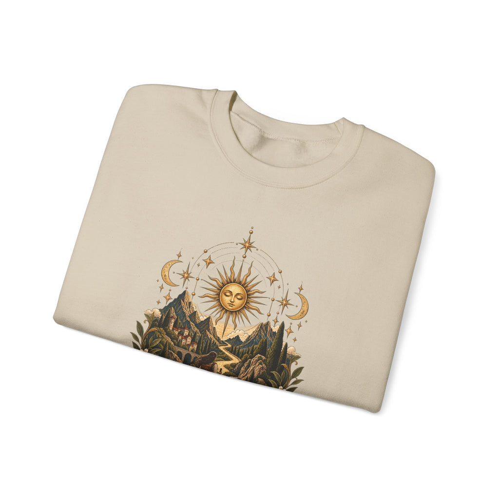 El Camino Crewneck Sweatshirt — Vintage Sun, Mountains & Compass Graphic