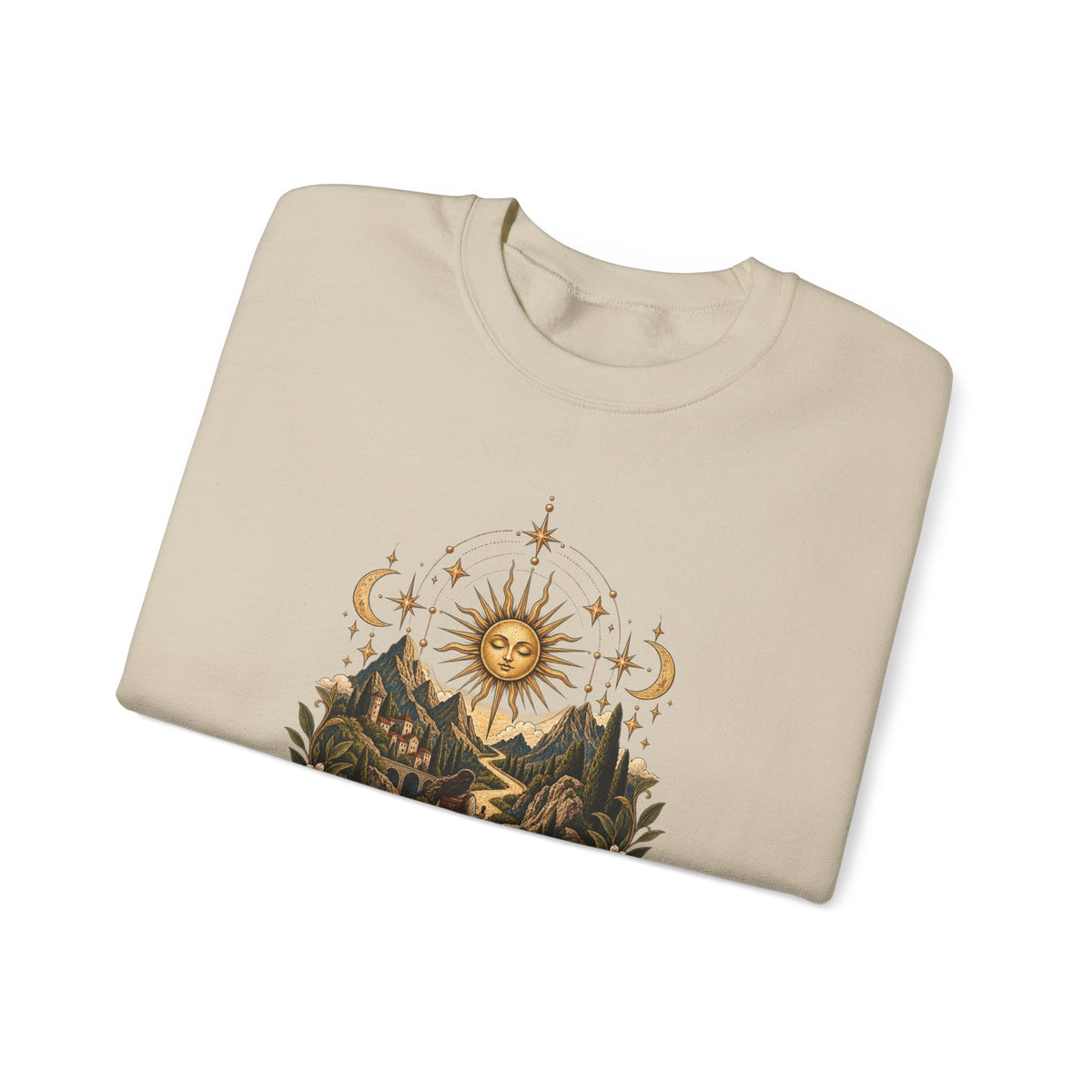 El Camino Crewneck Sweatshirt — Vintage Sun, Mountains & Compass Graphic