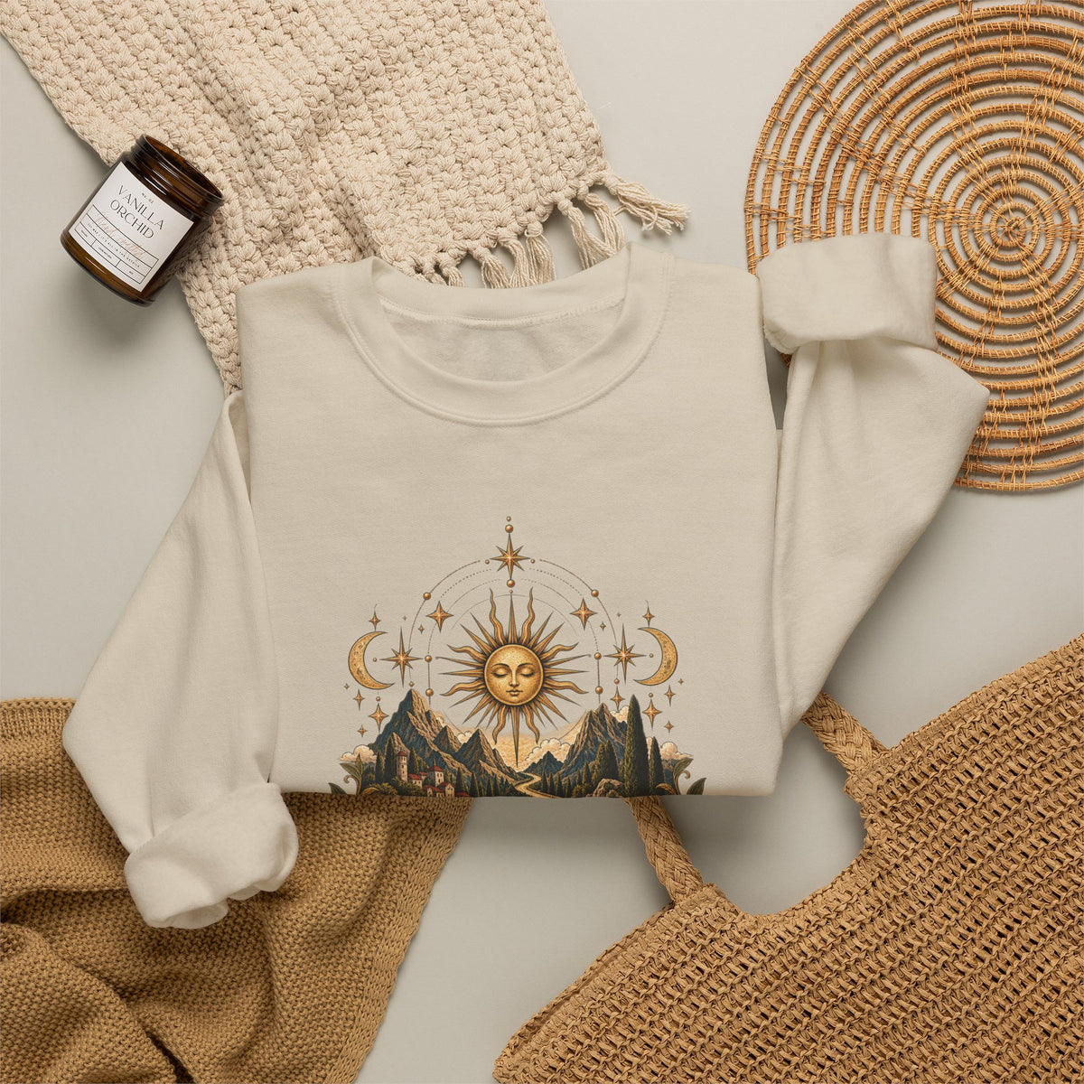 El Camino Crewneck Sweatshirt — Vintage Sun, Mountains & Compass Graphic