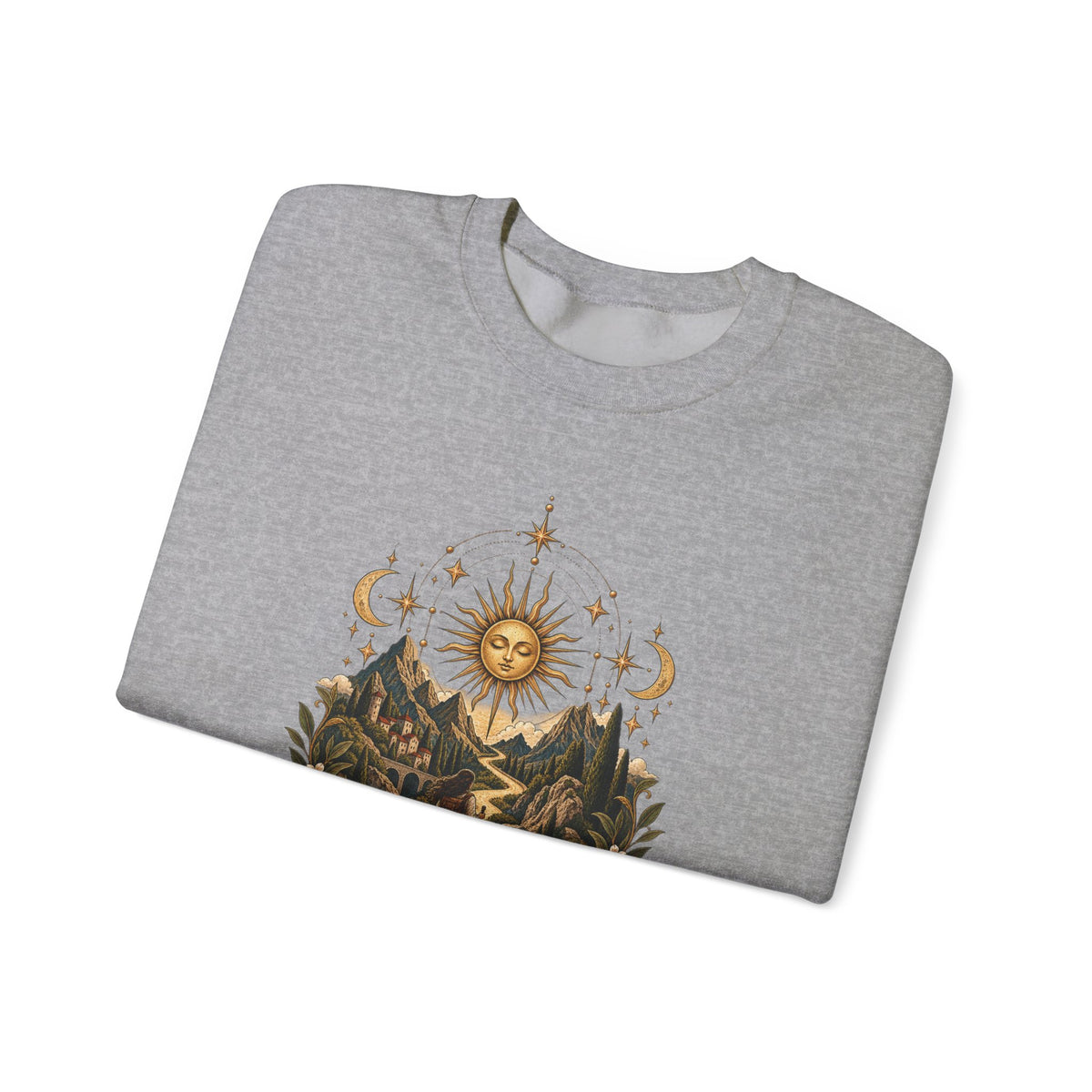 El Camino Crewneck Sweatshirt — Vintage Sun, Mountains & Compass Graphic