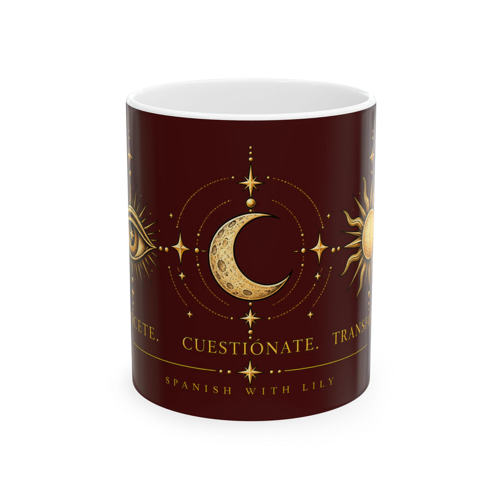 Mystic Moon & Sun Ceramic Mug — Spanish 'Cuestionate' Astrology Coffee Cup
