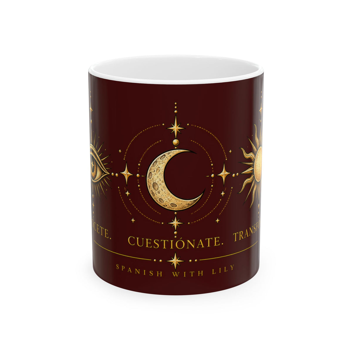 Mystic Moon & Sun Ceramic Mug — Spanish 'Cuestionate' Astrology Coffee Cup