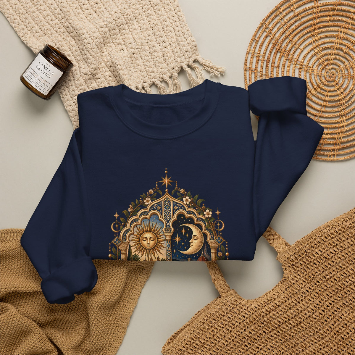 Celestial Sun & Moon Crewneck Sweatshirt — Little de Mundos Vintage Astrology Design