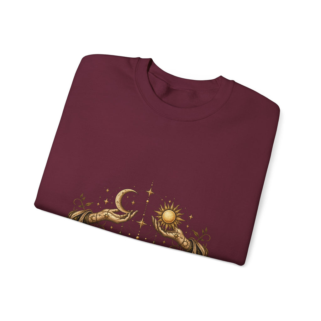 Alchemy Crewneck Sweatshirt — "Solve et Coagula" Sun, Moon & Eye Graphic