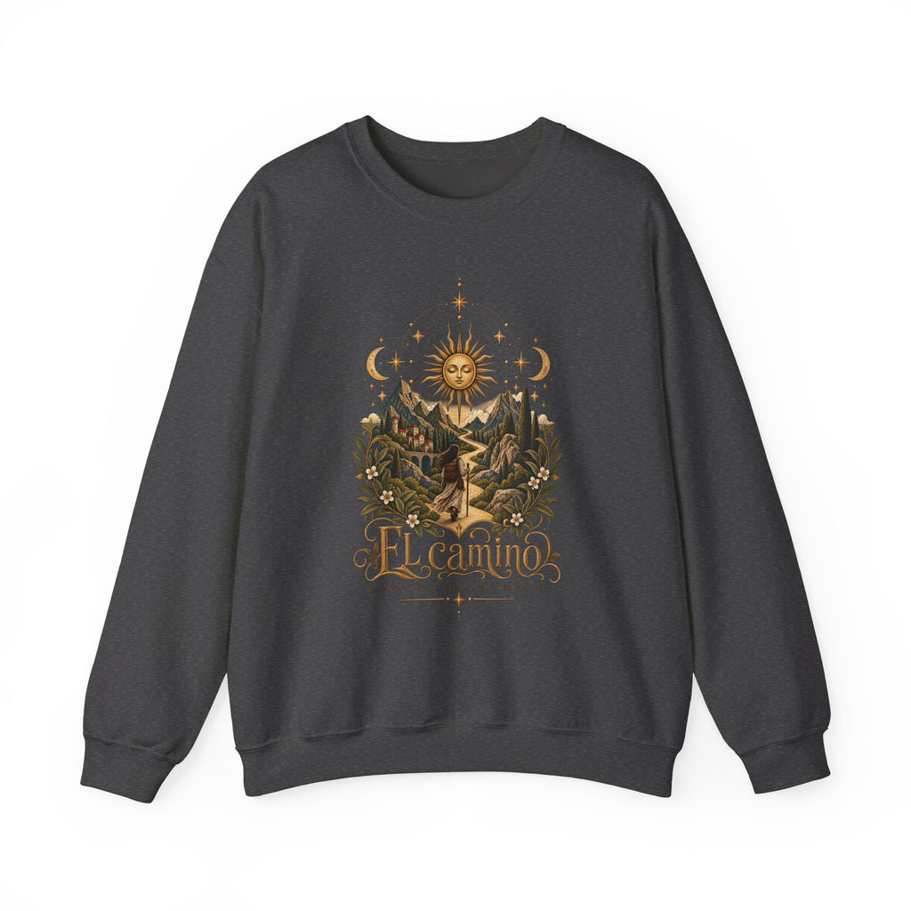 El Camino Crewneck Sweatshirt — Vintage Sun, Mountains & Compass Graphic
