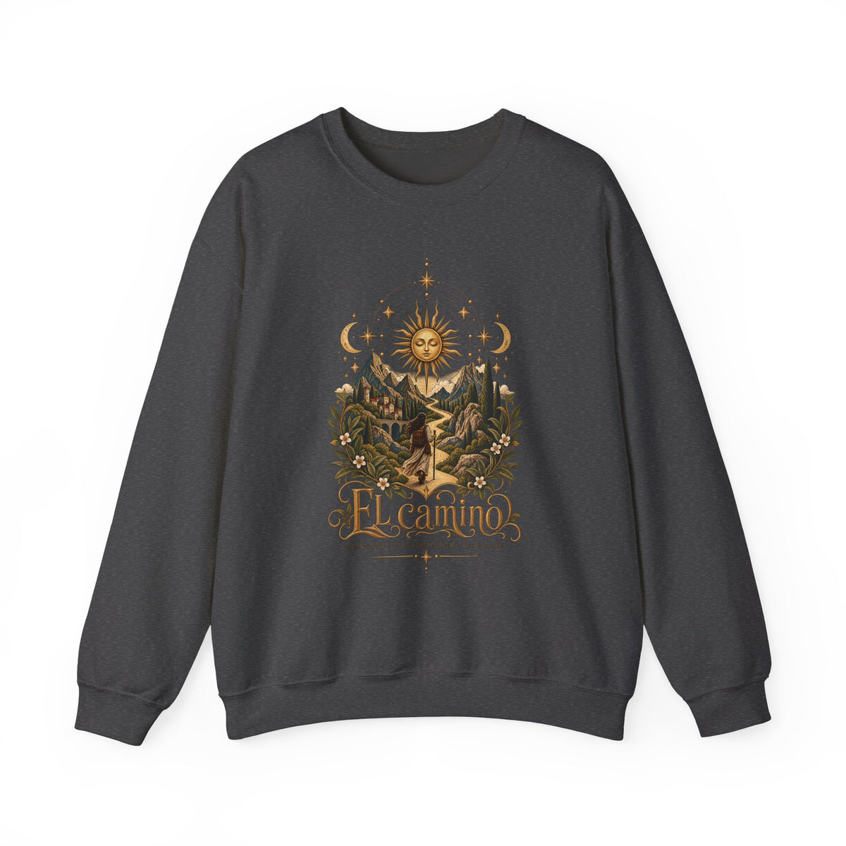 El Camino Crewneck Sweatshirt — Vintage Sun, Mountains & Compass Graphic
