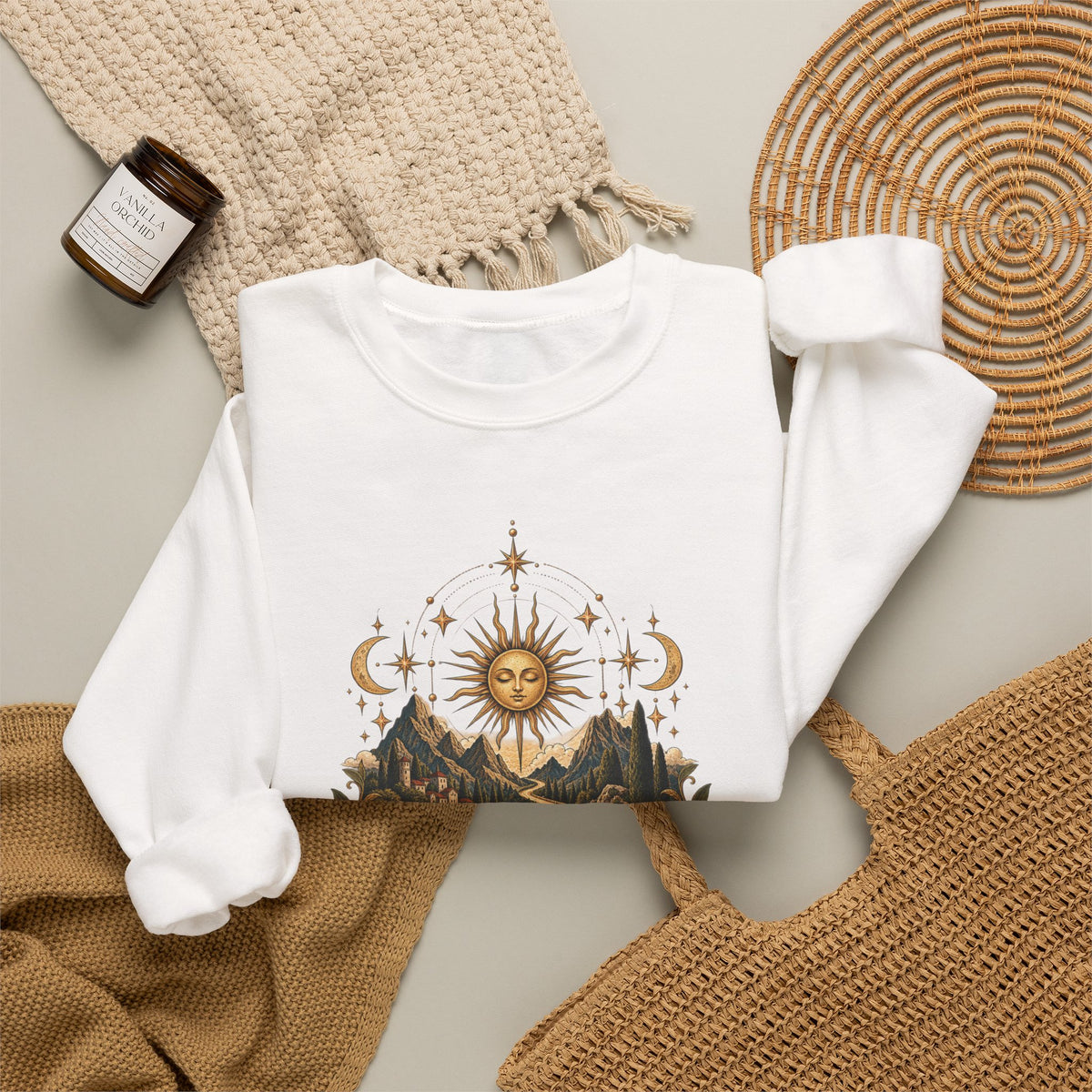 El Camino Crewneck Sweatshirt — Vintage Sun, Mountains & Compass Graphic