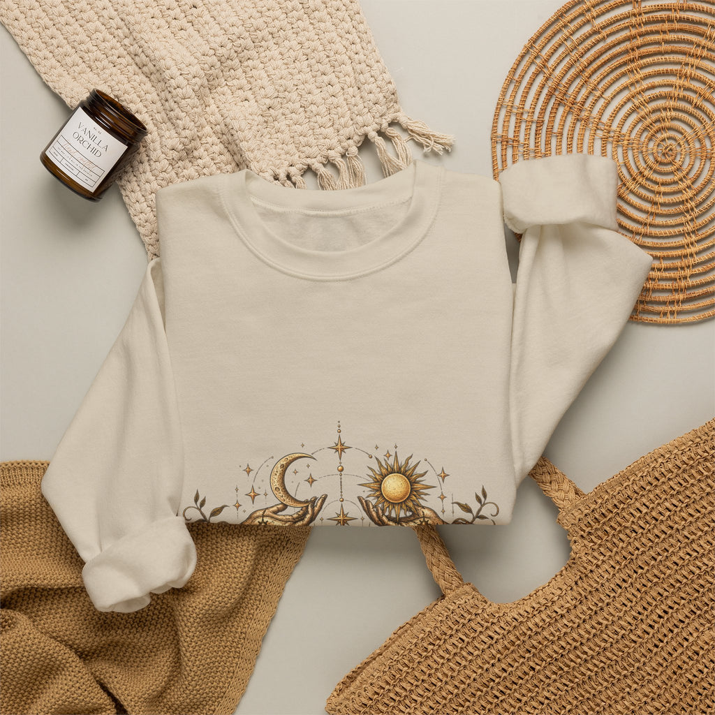 Alchemy Crewneck Sweatshirt — "Solve et Coagula" Sun, Moon & Eye Graphic