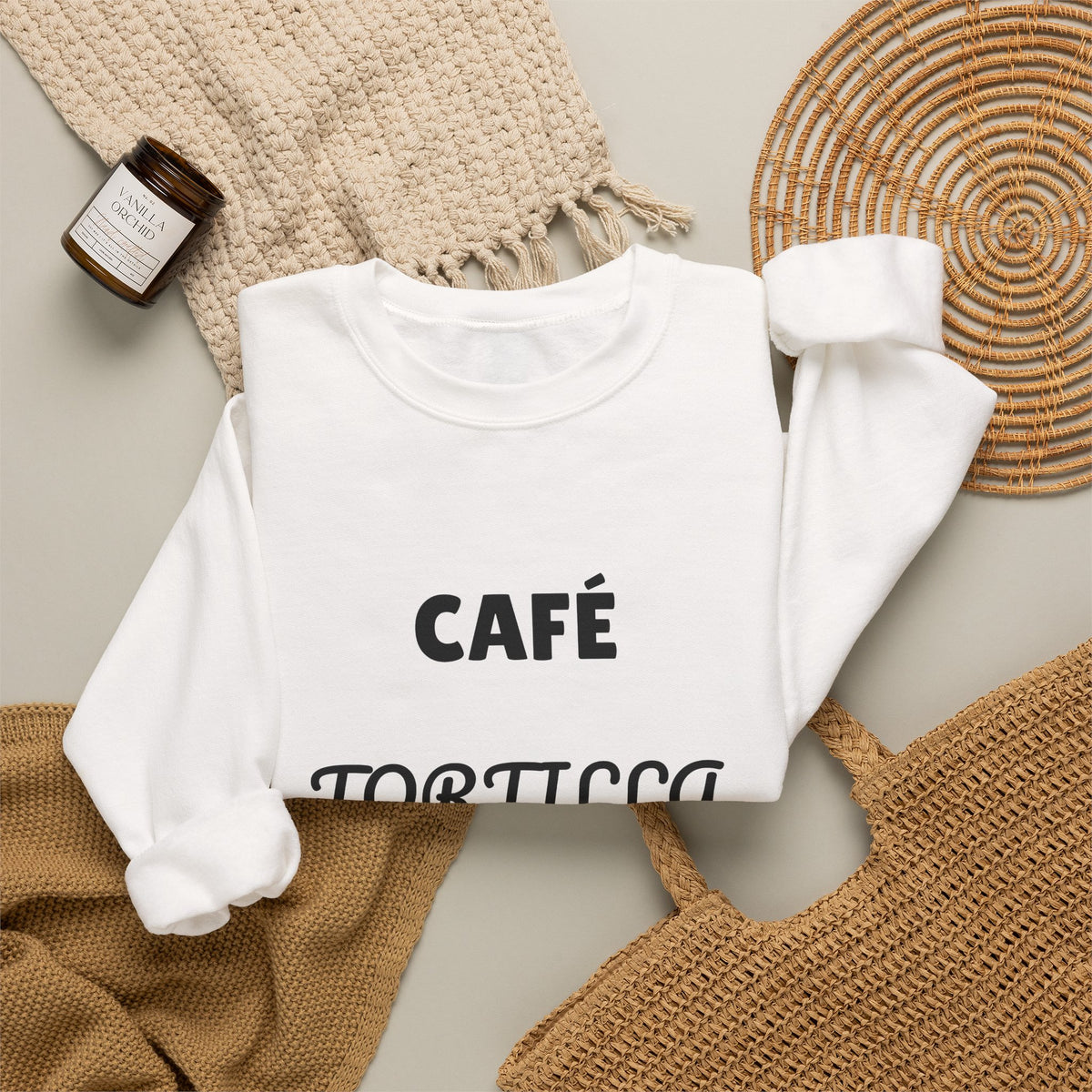 Crewneck Sweatshirt — "Café Tortilla y a Darle" Spanish with Lily - Coffee & Tortilla Graphic