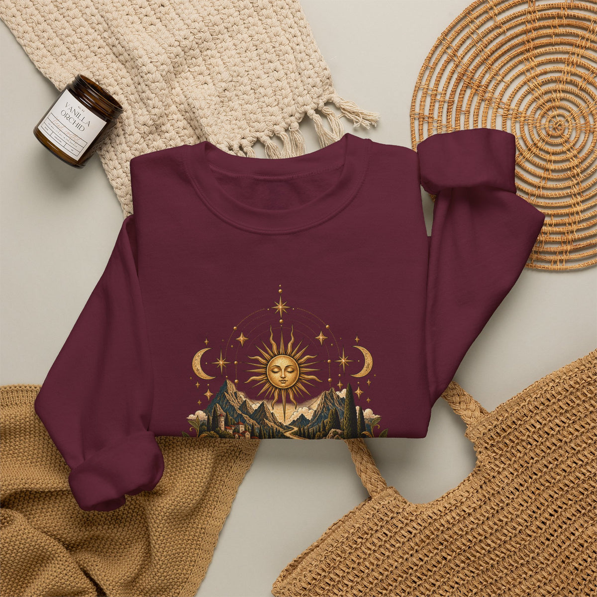 El Camino Crewneck Sweatshirt — Vintage Sun, Mountains & Compass Graphic