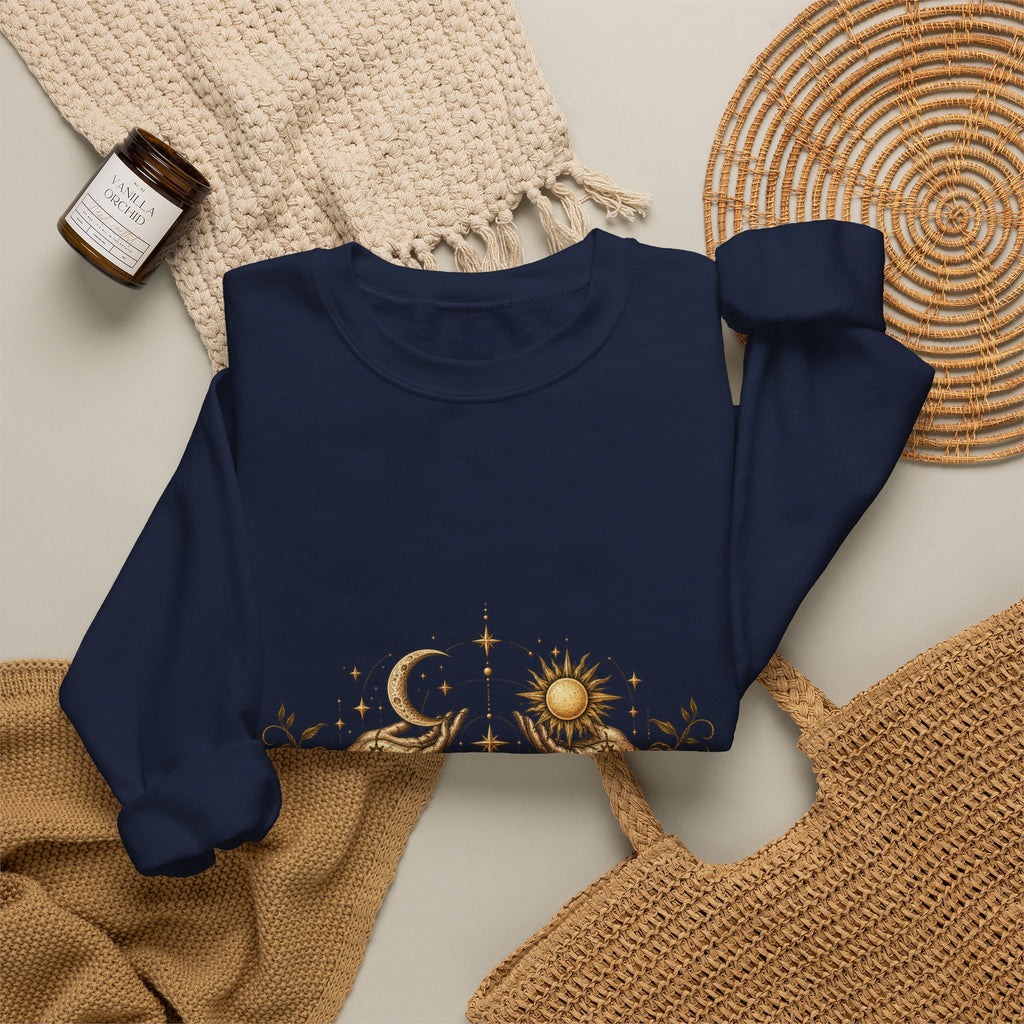 Alchemy Crewneck Sweatshirt — "Solve et Coagula" Sun, Moon & Eye Graphic