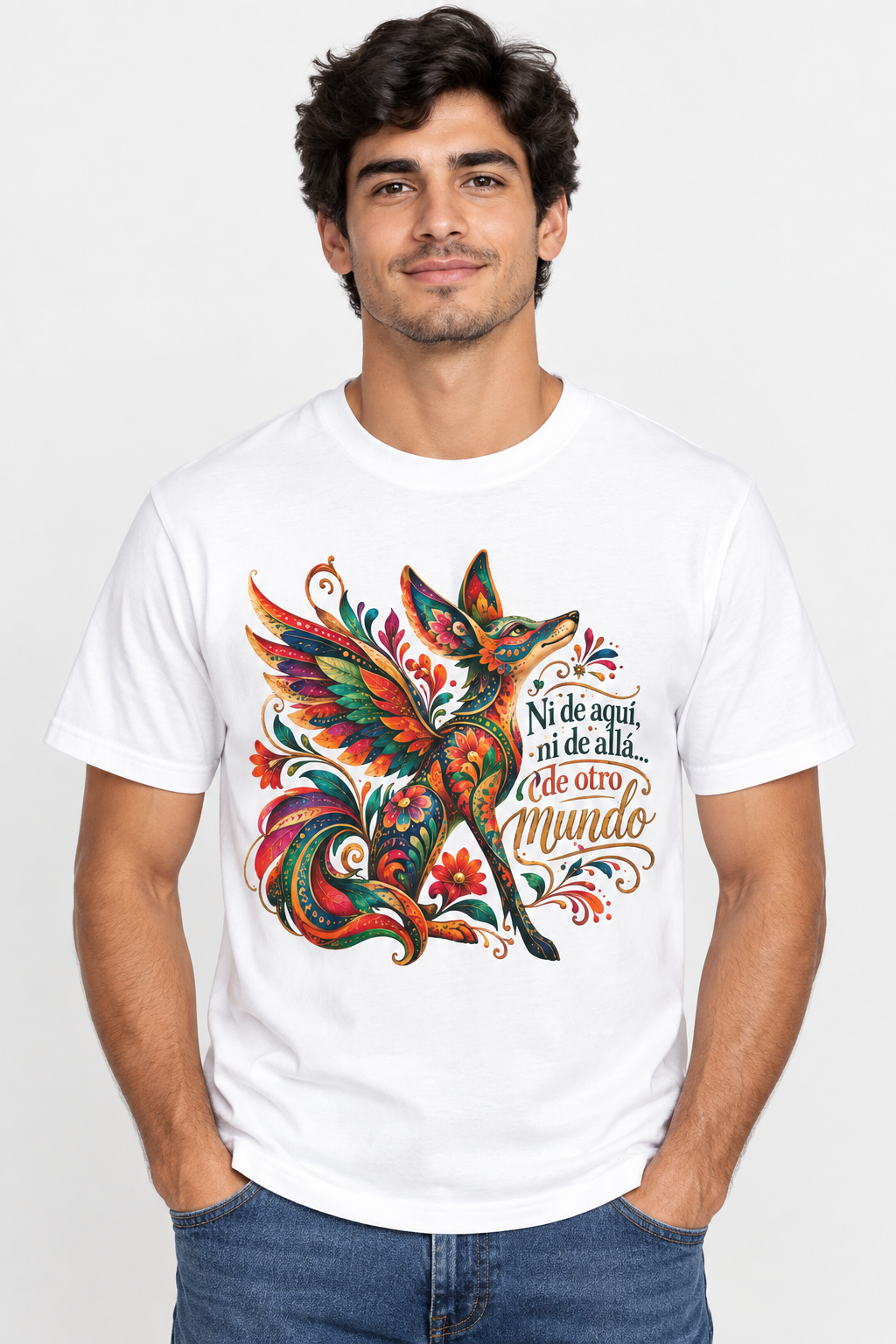 Mythic Fox T-Shirt — "Ni de aquí, ni de allá, de otro mundo" Colorful Folk Art Tee