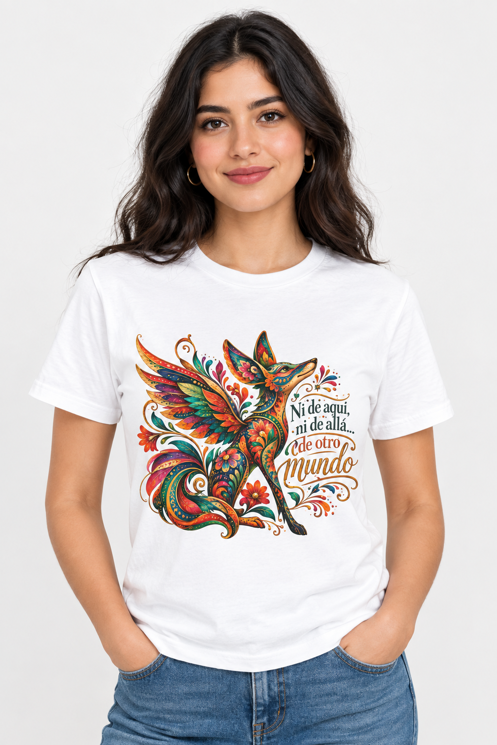 Mythic Fox T-Shirt — "Ni de aquí, ni de allá, de otro mundo" Colorful Folk Art Tee