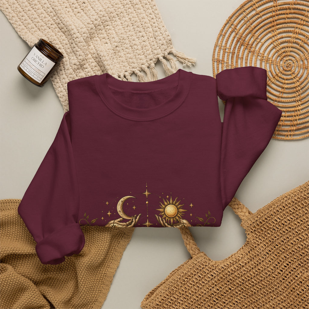 Alchemy Crewneck Sweatshirt — "Solve et Coagula" Sun, Moon & Eye Graphic