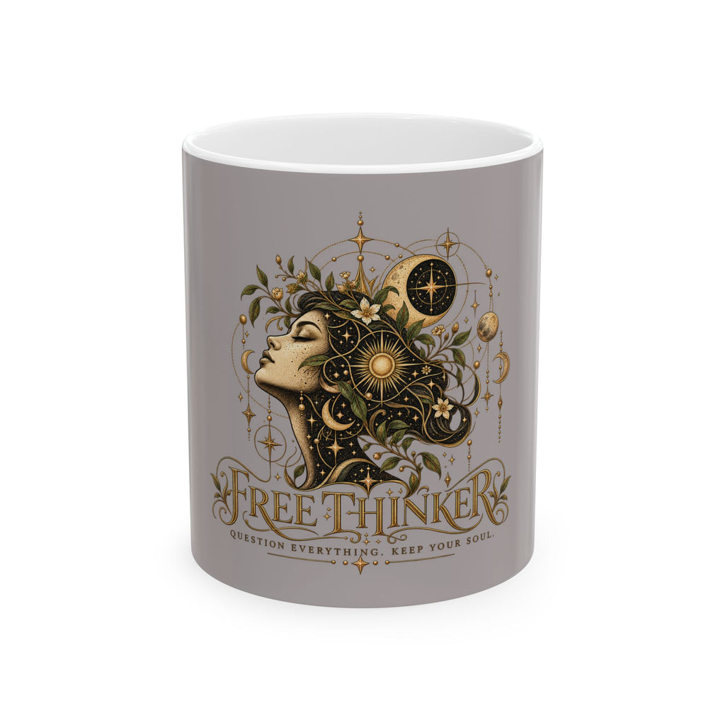 Free Thinker Ceramic Mug — Boho Celestial Art Coffee Cup (11oz/15oz)
