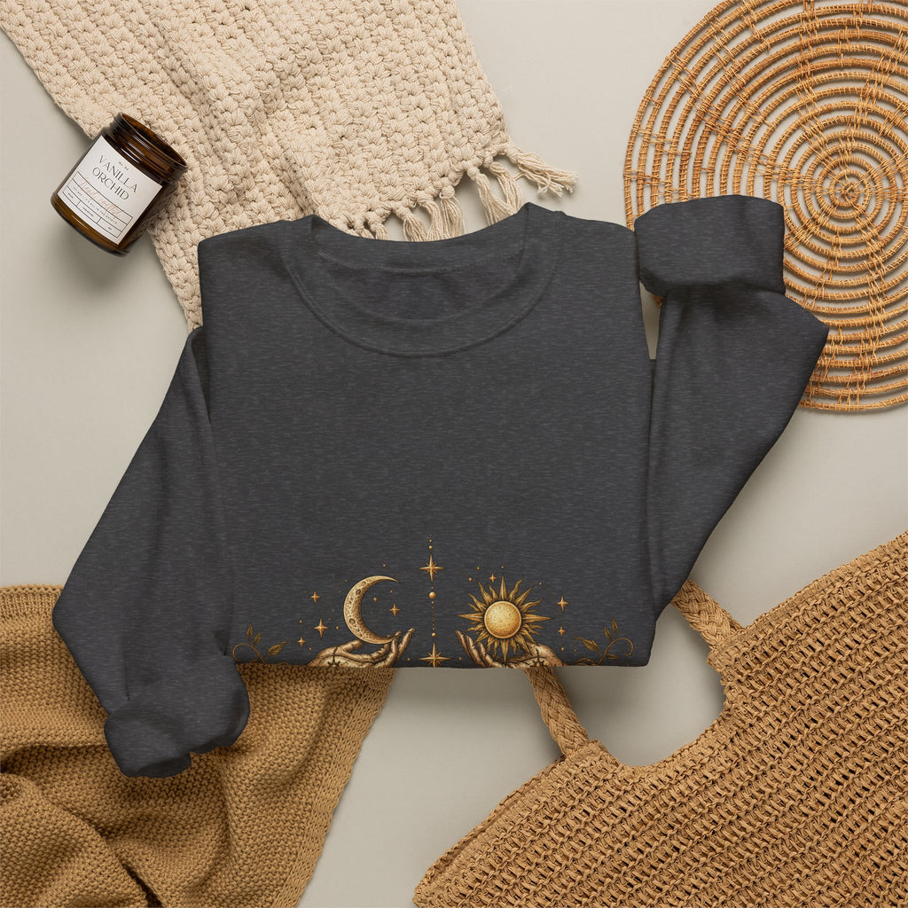 Alchemy Crewneck Sweatshirt — "Solve et Coagula" Sun, Moon & Eye Graphic