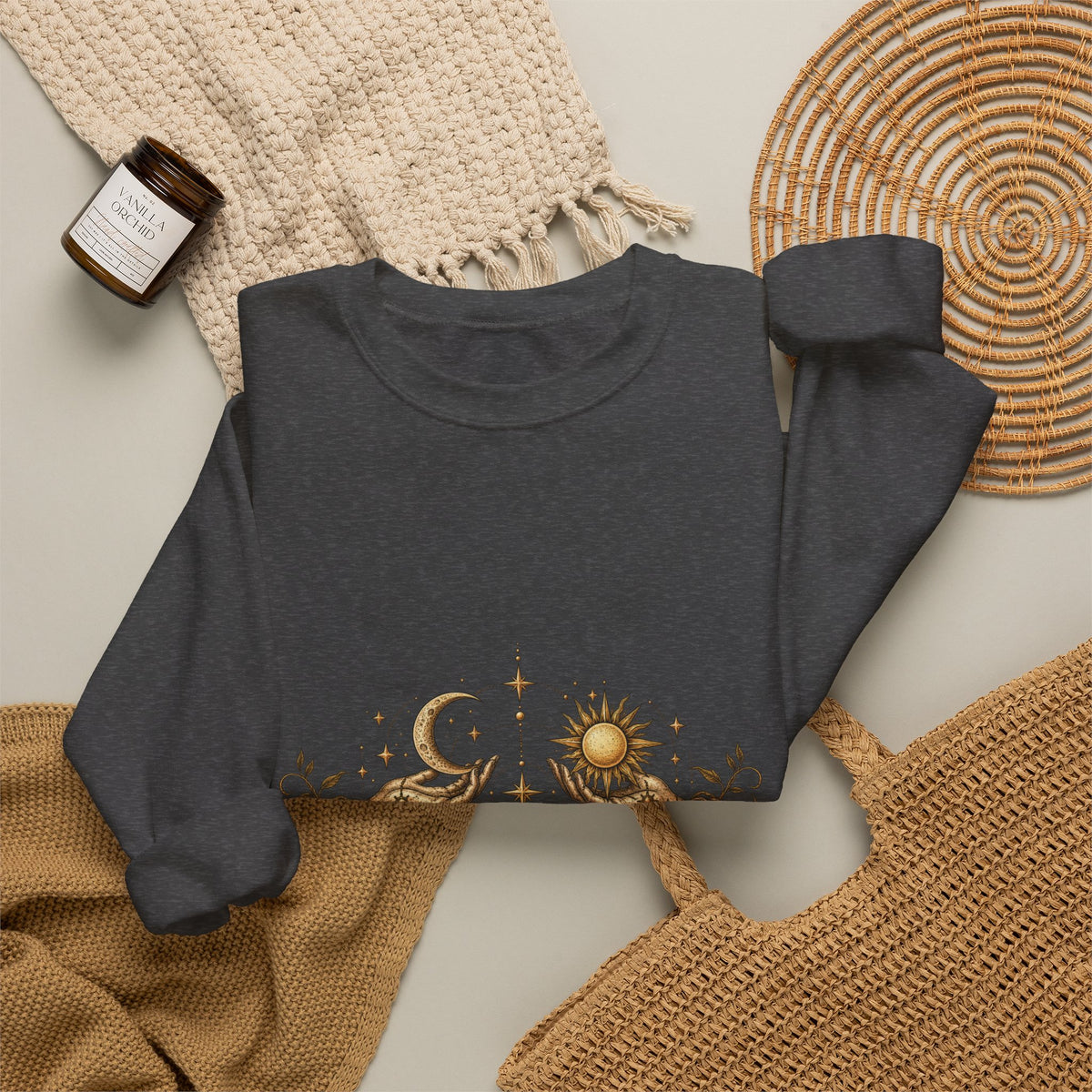 Alchemy Crewneck Sweatshirt — "Solve et Coagula" Sun, Moon & Eye Graphic