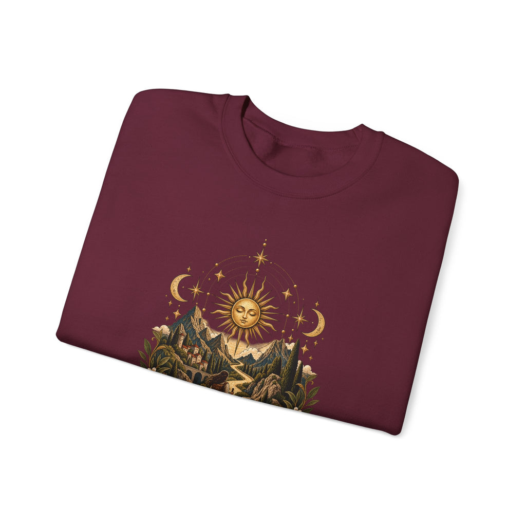 El Camino Crewneck Sweatshirt — Vintage Sun, Mountains & Compass Graphic
