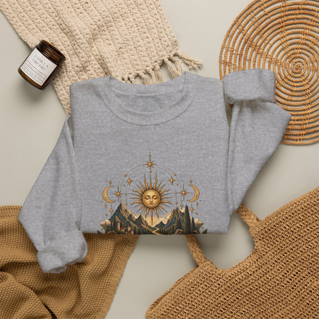 El Camino Crewneck Sweatshirt — Vintage Sun, Mountains & Compass Graphic
