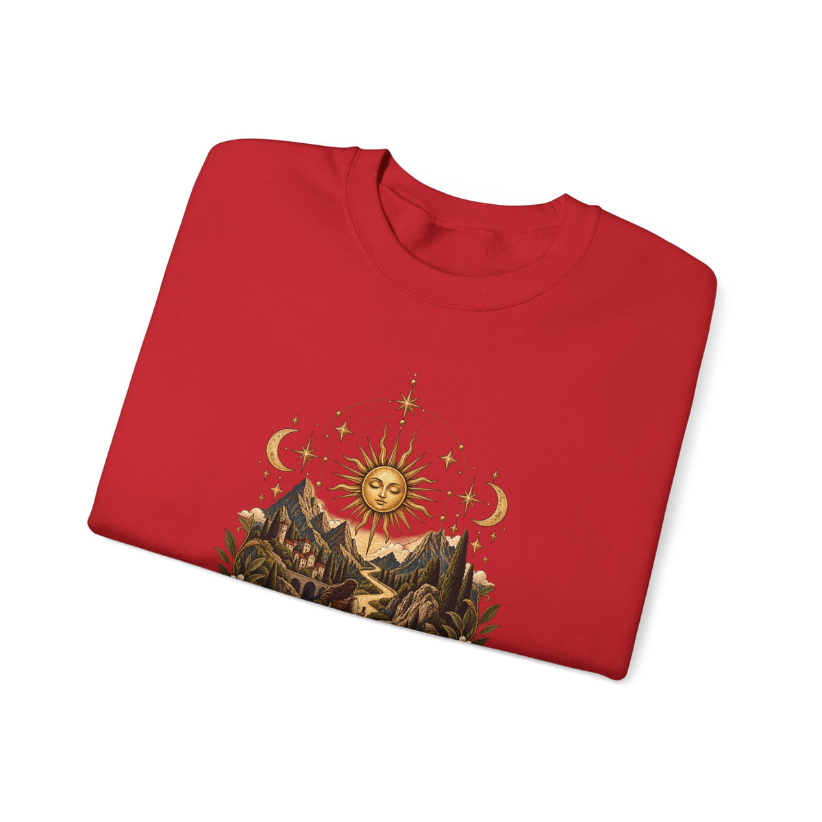 El Camino Crewneck Sweatshirt — Vintage Sun, Mountains & Compass Graphic