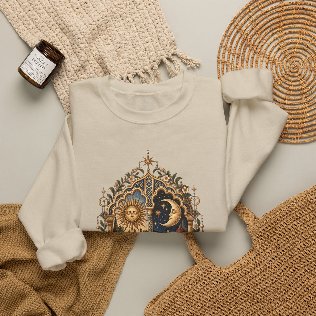Celestial Sun & Moon Crewneck Sweatshirt — Little de Mundos Vintage Astrology Design