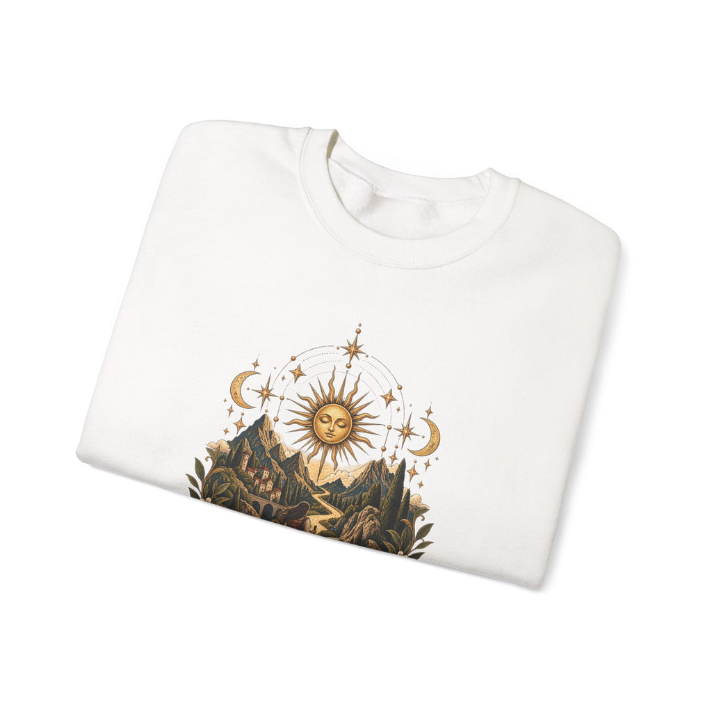El Camino Crewneck Sweatshirt — Vintage Sun, Mountains & Compass Graphic