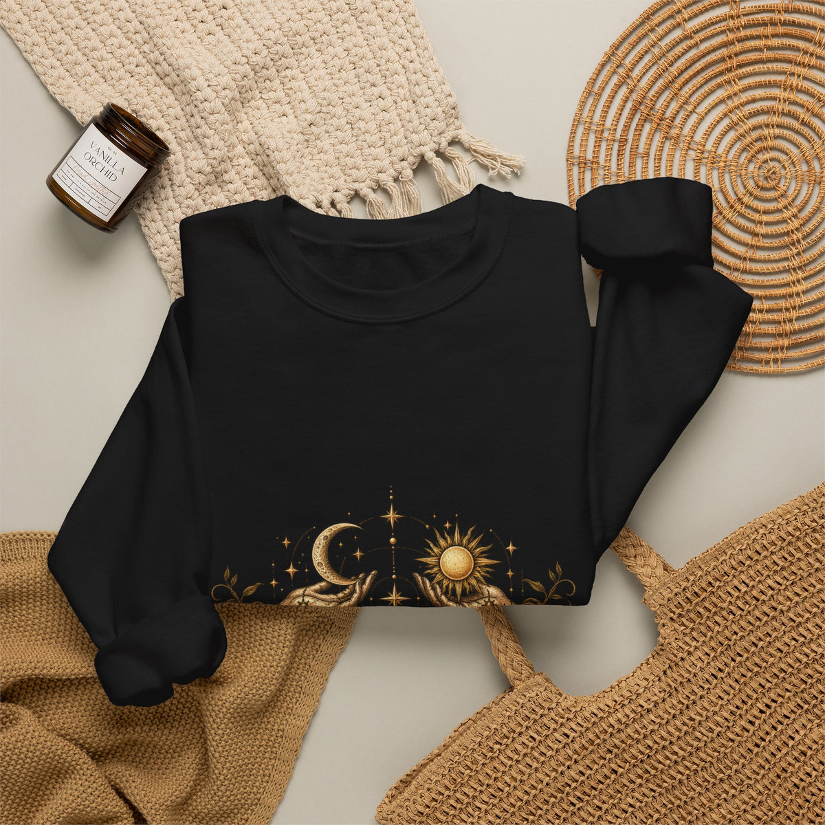 Alchemy Crewneck Sweatshirt — "Solve et Coagula" Sun, Moon & Eye Graphic
