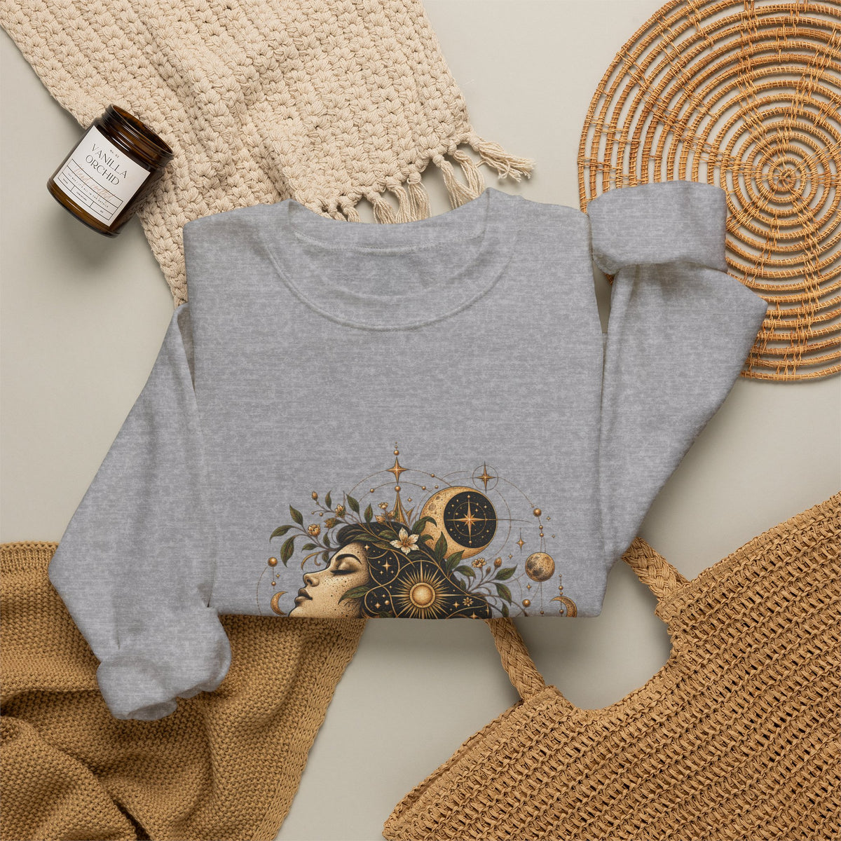 Free Thinker Crewneck Sweatshirt — Cosmic Goddess Illustration