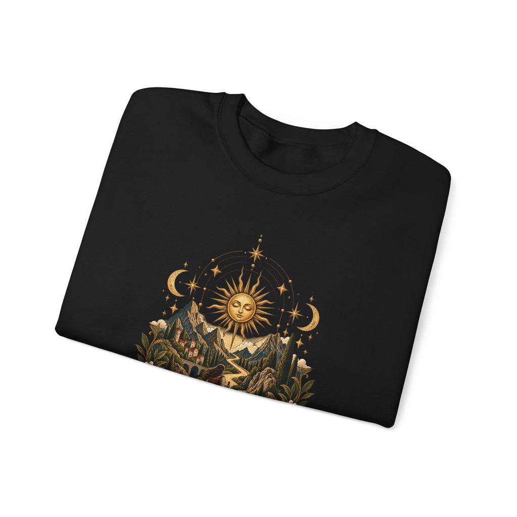 El Camino Crewneck Sweatshirt — Vintage Sun, Mountains & Compass Graphic