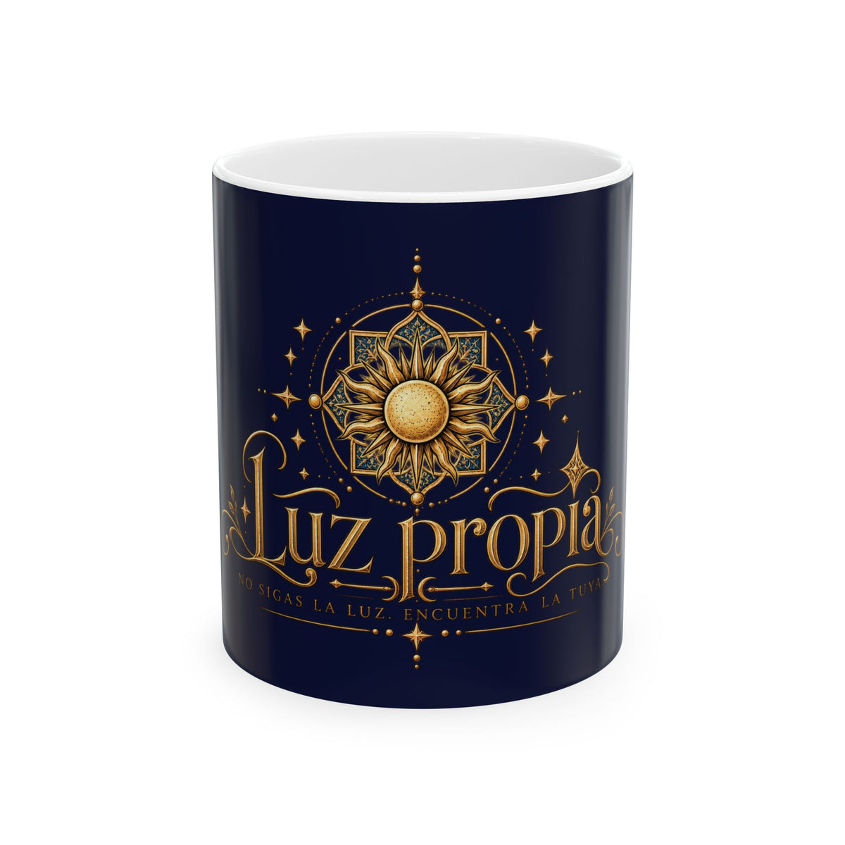Luz Propia Ceramic Mug — Gold Sun Mandala Inspirational Coffee Cup (11oz/15oz)