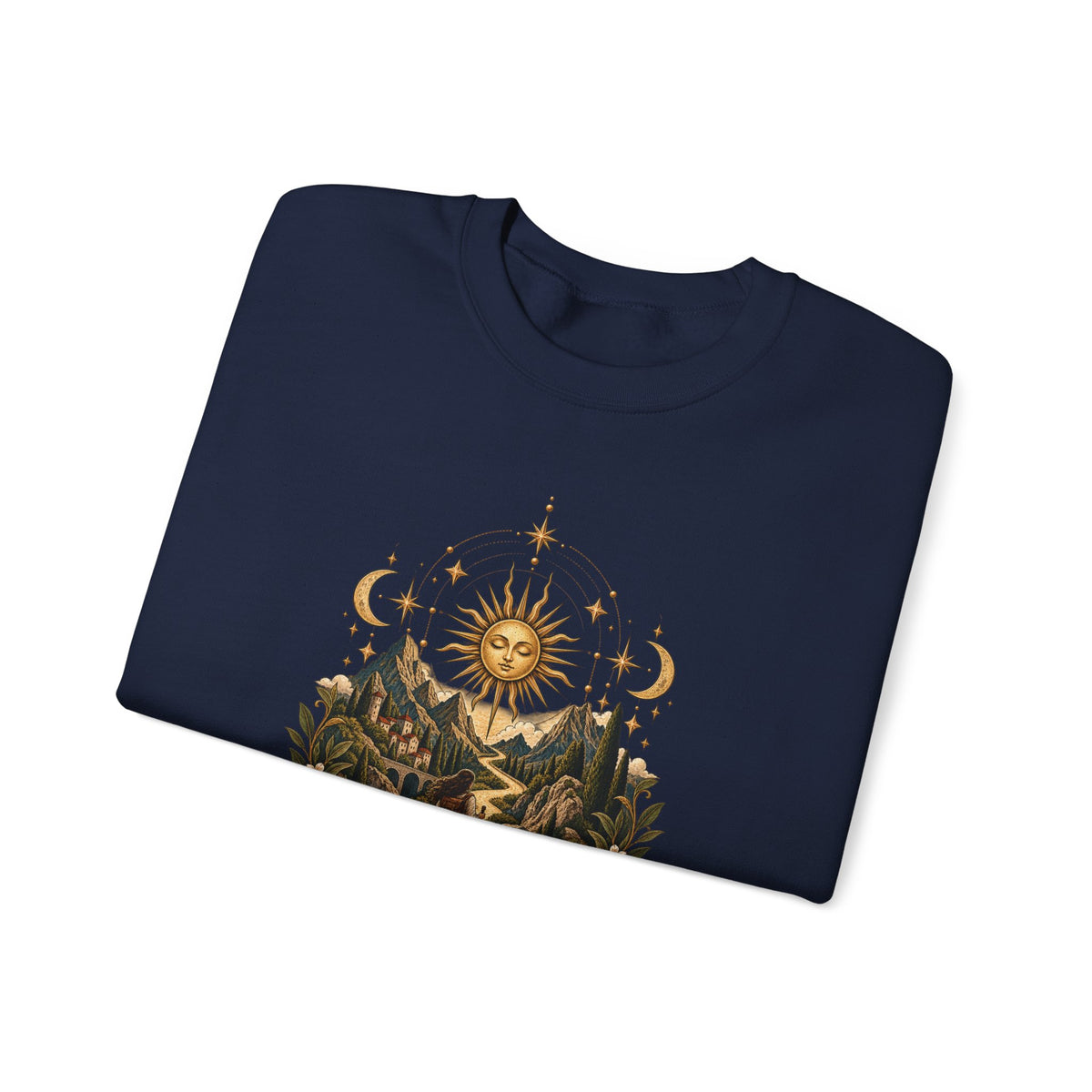 El Camino Crewneck Sweatshirt — Vintage Sun, Mountains & Compass Graphic