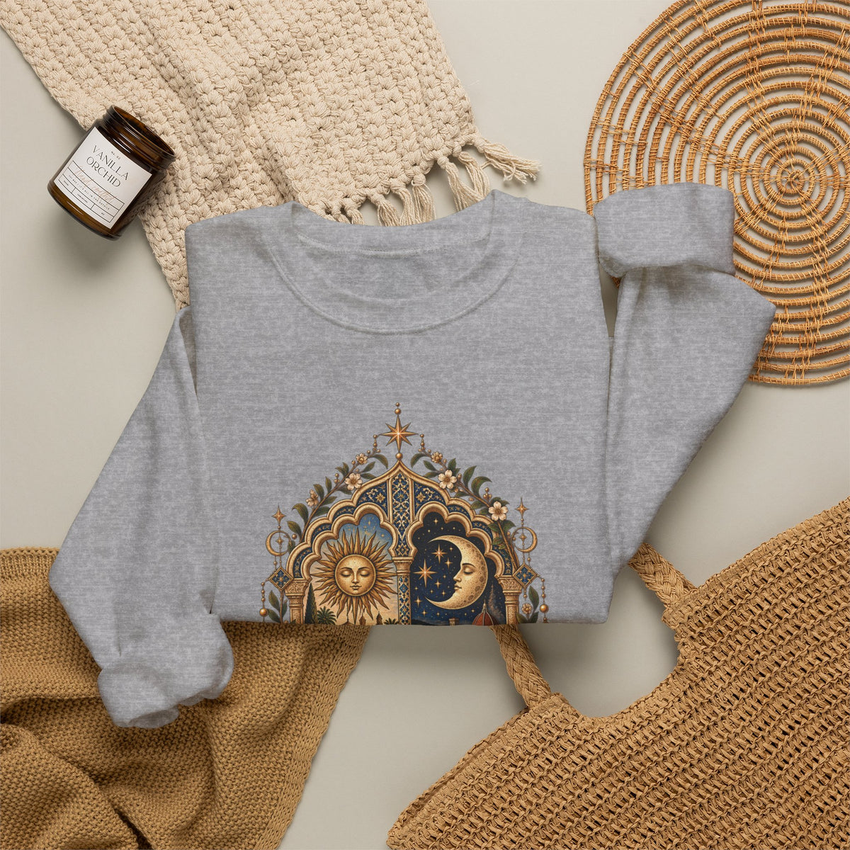 Celestial Sun & Moon Crewneck Sweatshirt — Little de Mundos Vintage Astrology Design