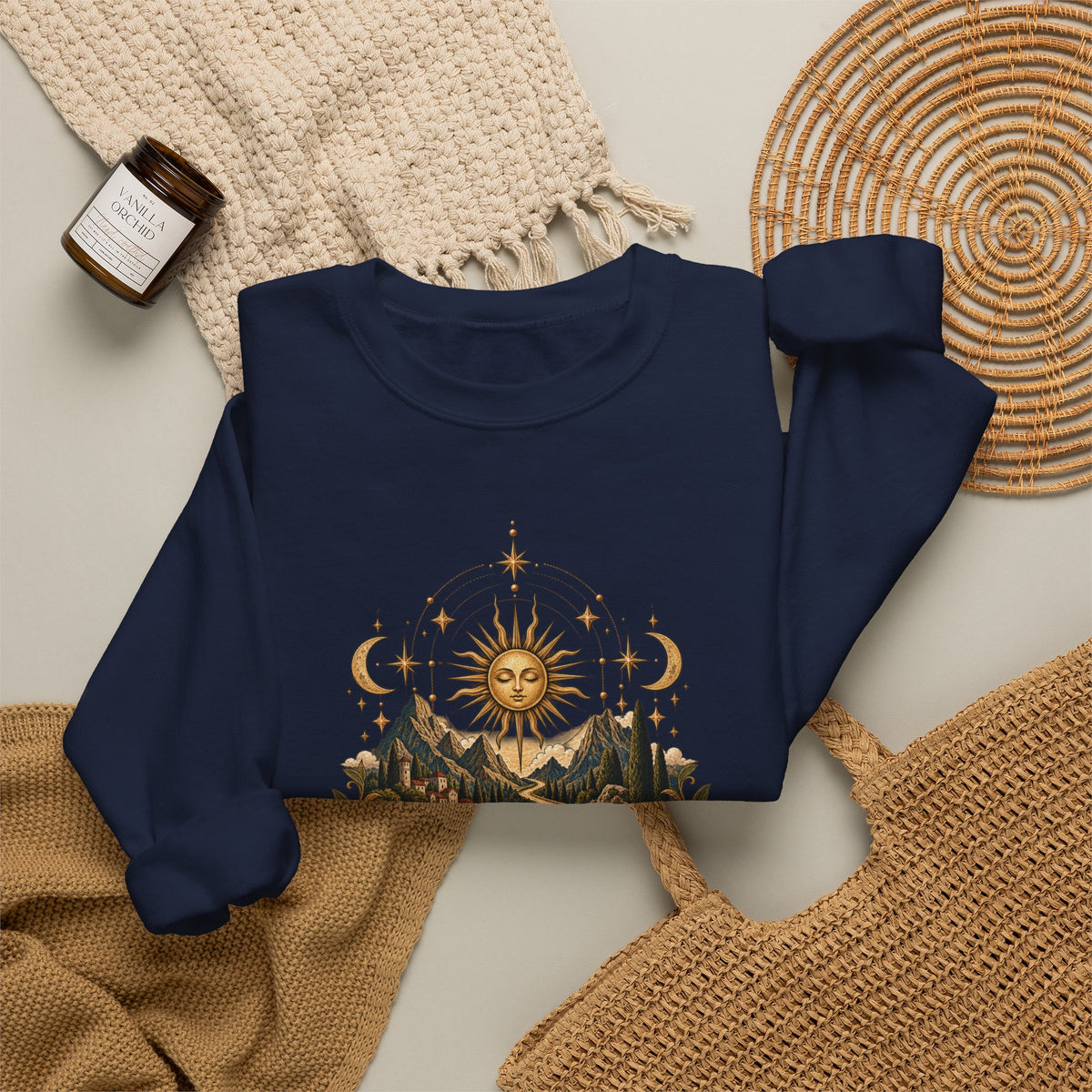 El Camino Crewneck Sweatshirt — Vintage Sun, Mountains & Compass Graphic