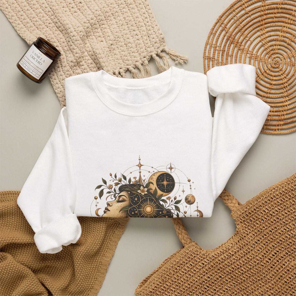 Free Thinker Crewneck Sweatshirt — Cosmic Goddess Illustration