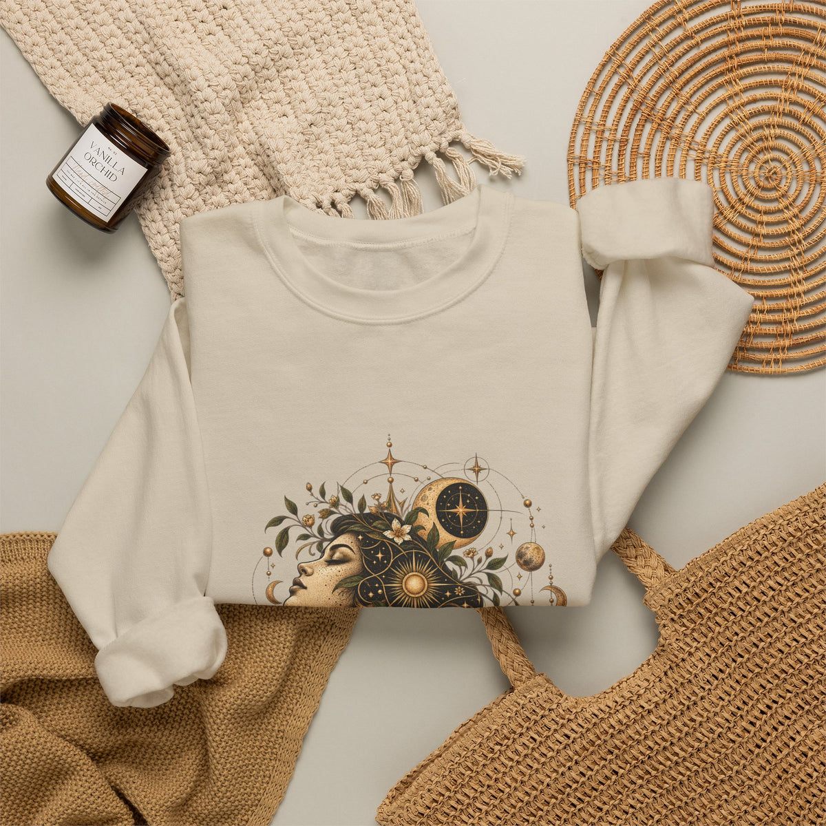 Free Thinker Crewneck Sweatshirt — Cosmic Goddess Illustration