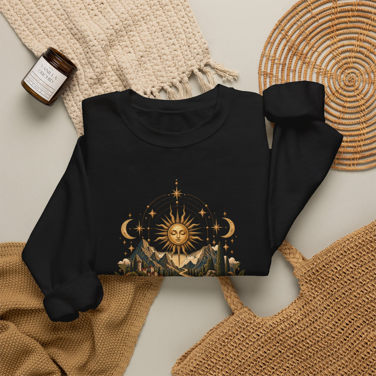 El Camino Crewneck Sweatshirt — Vintage Sun, Mountains & Compass Graphic