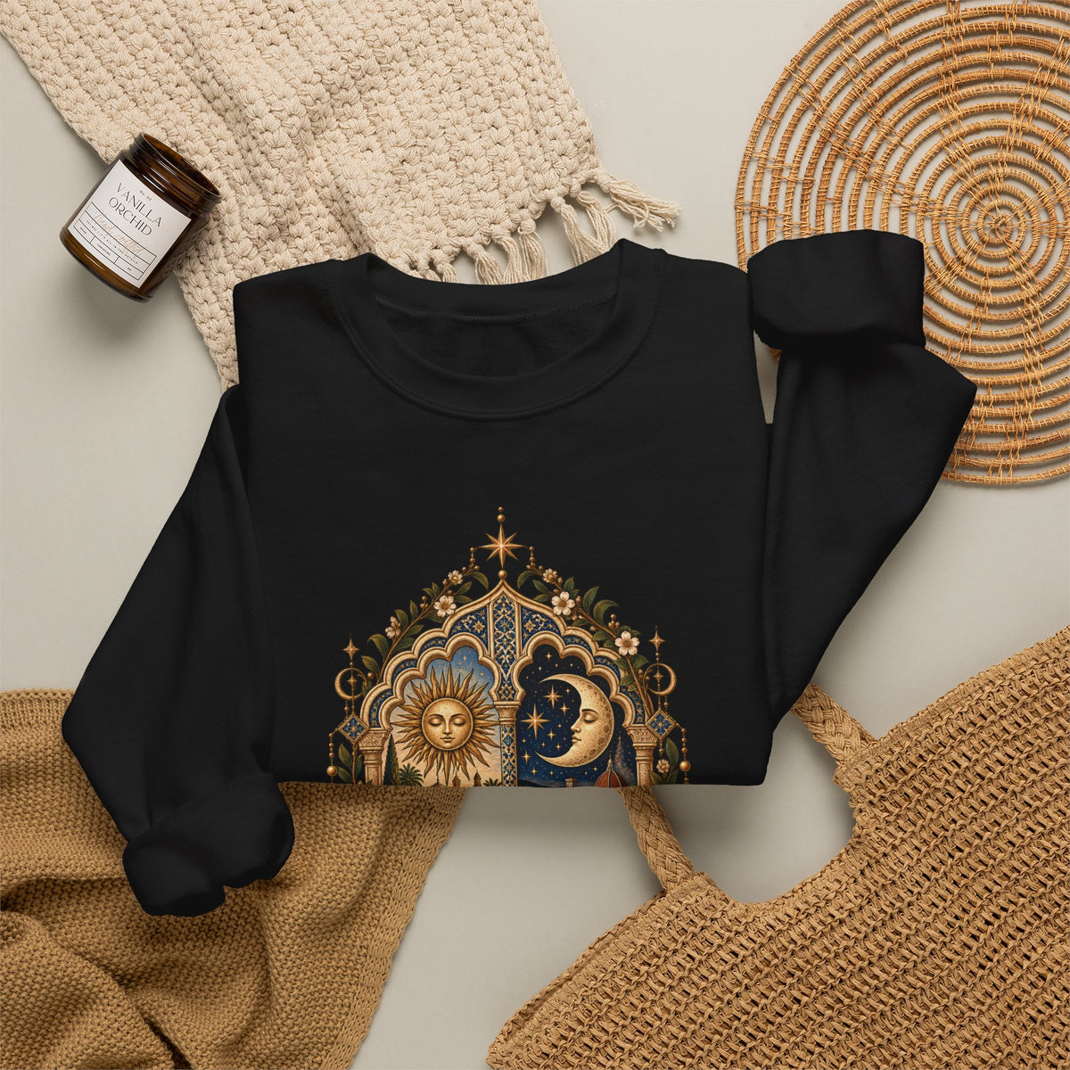 Celestial Sun & Moon Crewneck Sweatshirt — Little de Mundos Vintage Astrology Design