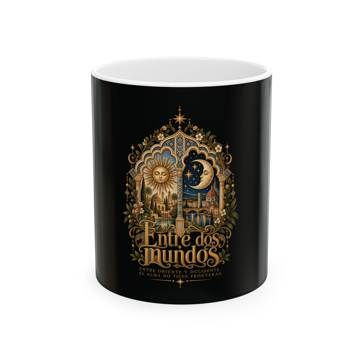 Entre Dos Mundos Ceramic Mug — Sun & Moon Spanish Travel Fantasy Coffee Cup