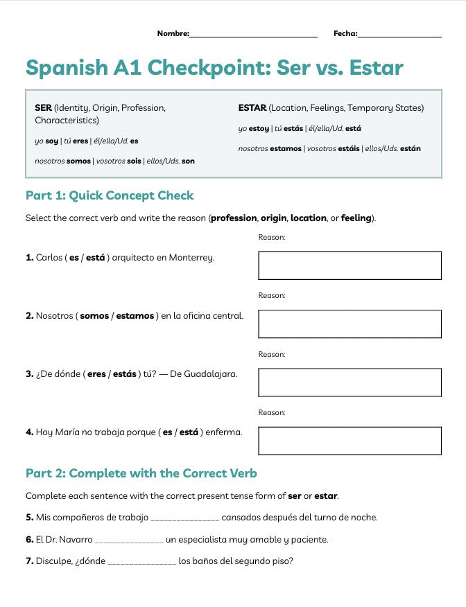 Spanish A1 Checkpoint: Ser vs. Estar