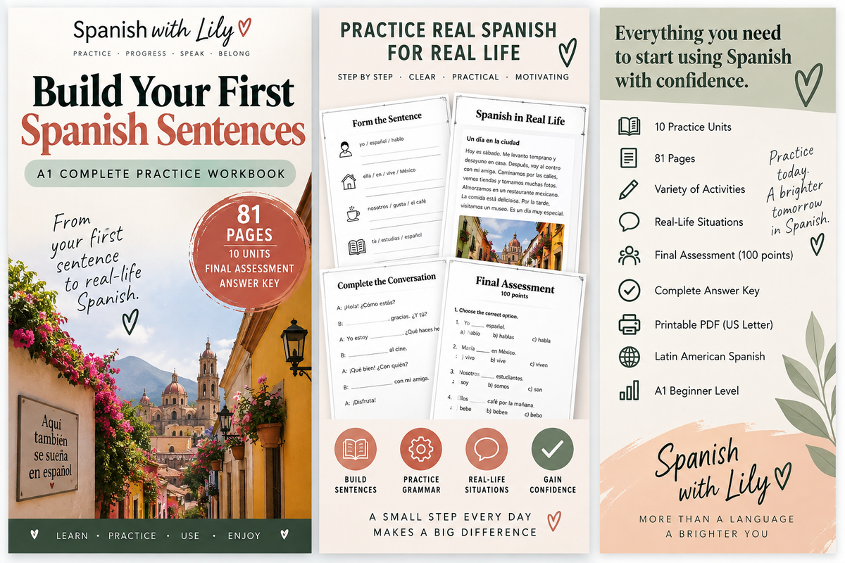 Build Your First Spanish Sentences – A1 Complete Practice Workbook | Spanish with Lily