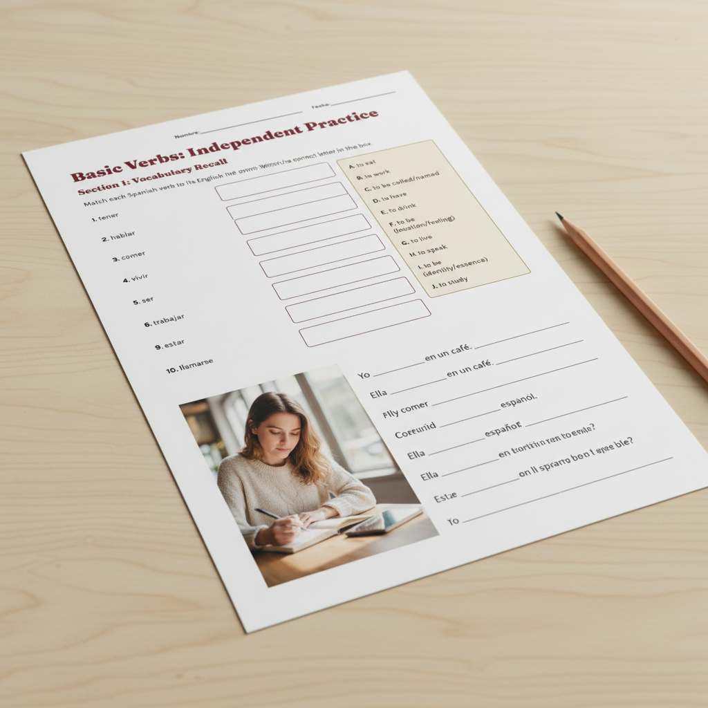 Mockup Basic Verbs Independent Practice contenido real