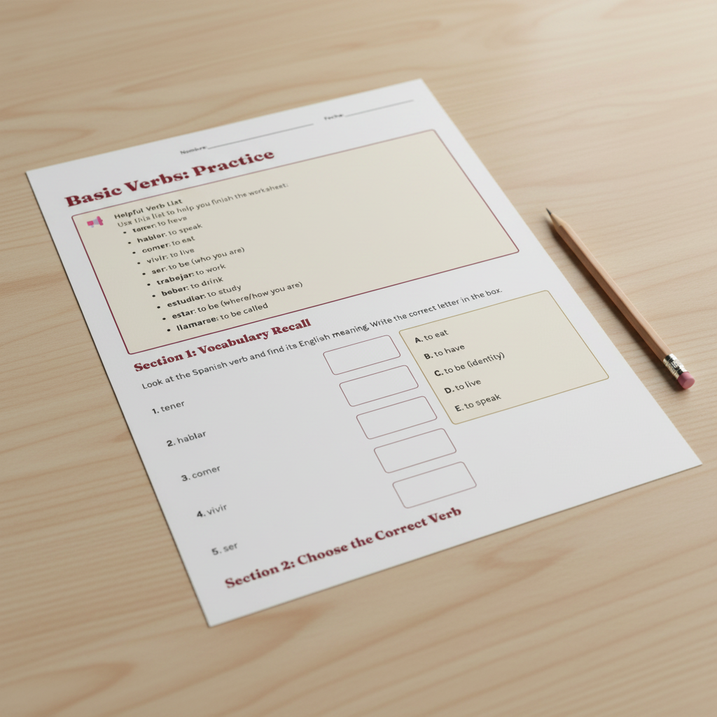 Mockup Basic Verbs Practice contenido real